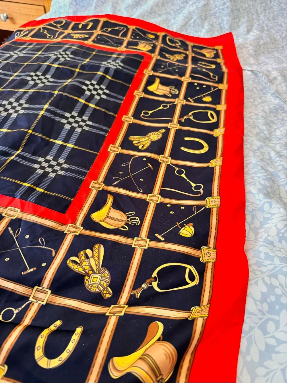 Navy and Red Equine Print Silk Scarf